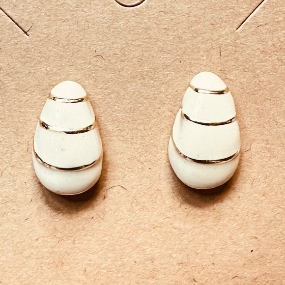 Gold Tone Cream Enamel Earrings Possibly Monet Clip On Converted to Post Vintage - Picture 1 of 6